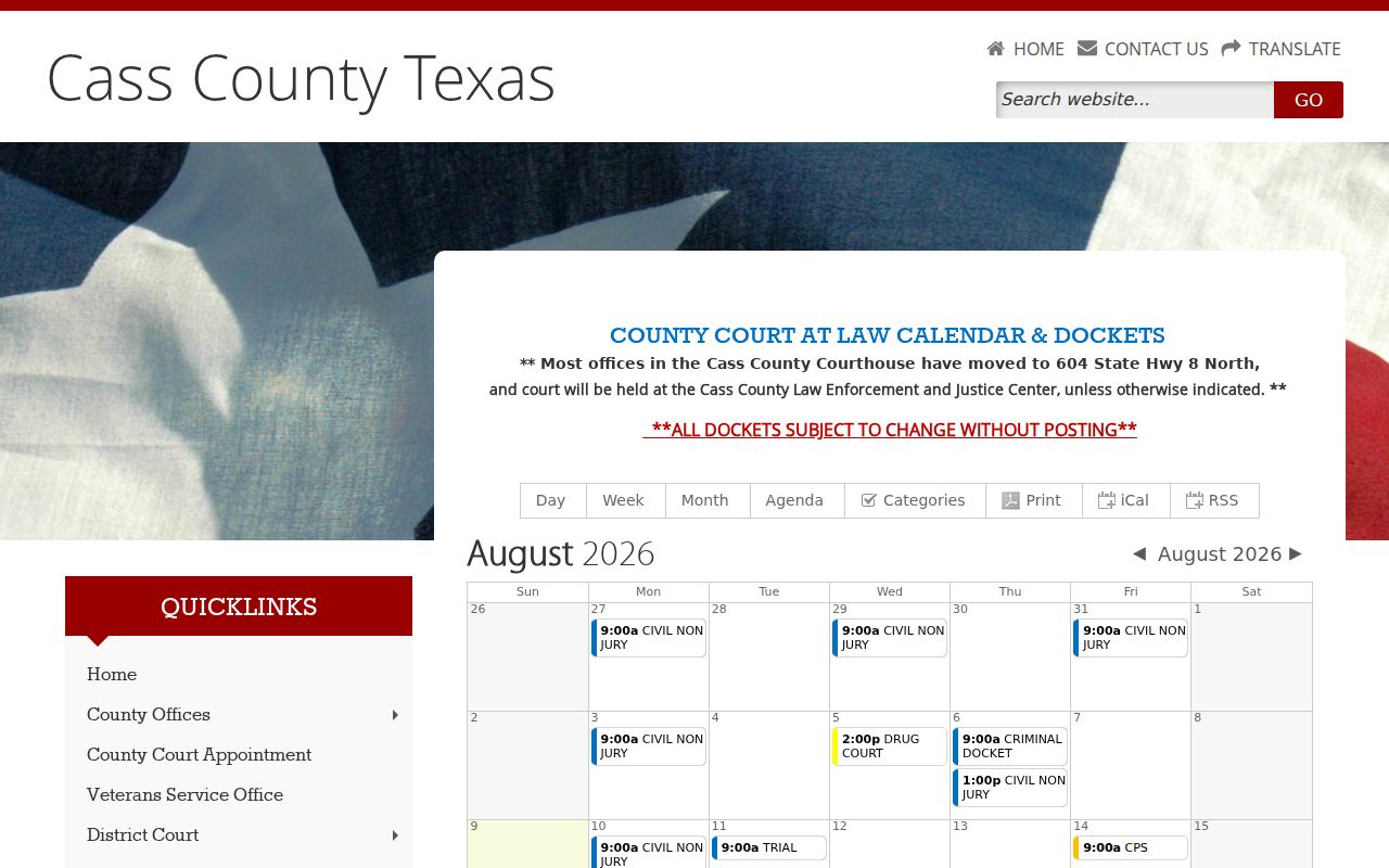 Cass County criminal court case County Court at Law docket page